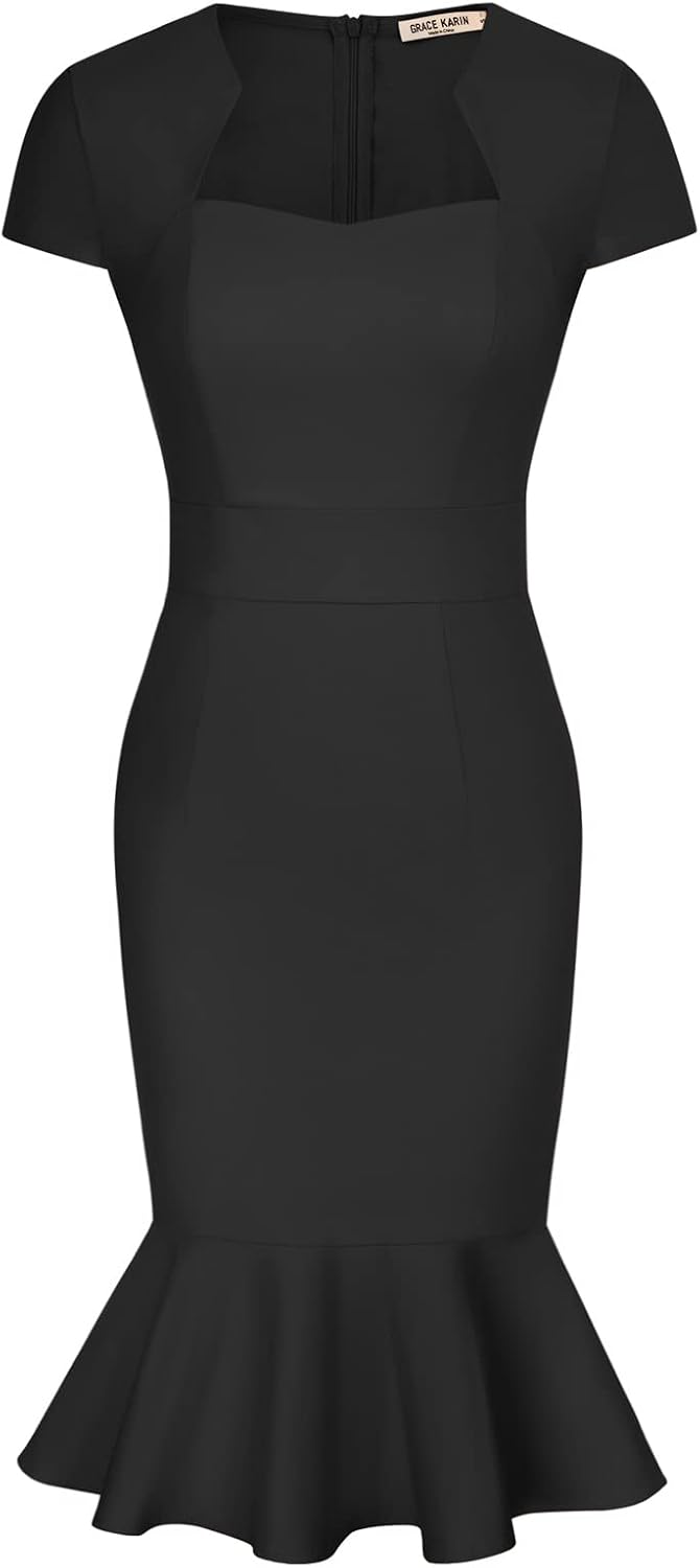 GRACE KARIN Womens Cocktail Dress Fishtail Tweed Bodycon Dresses | Cotton blend stretch fabric, Knee-Length, Cap sleeve, Zipper back, Sweetheart neck, Party wedding guest midi dress