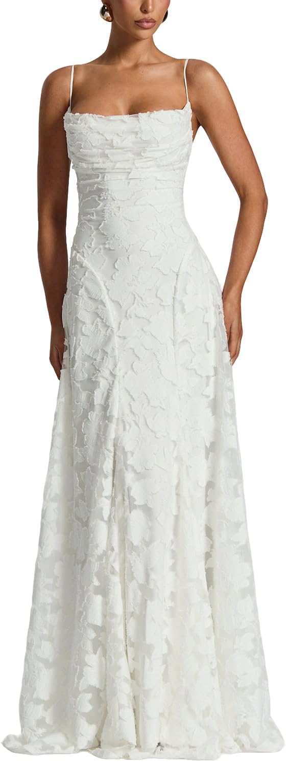 GRMLRPT Women's Floral Bridesmaid Maxi Dresses A Line Wedding Guest Dress | Lace Jacquard Spaghetti Strap Backless Cowl Neck Long Formal Dress Evening Party Prom