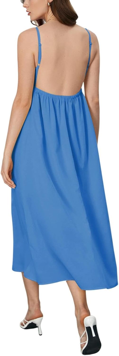 SOLY HUX Women's Summer Backless V Neck Loose Flowy Midi Cami Dress | Spaghetti Strap, Casual, Vacation Outfits, Sundress, Open Back, Long Dress， Trendy