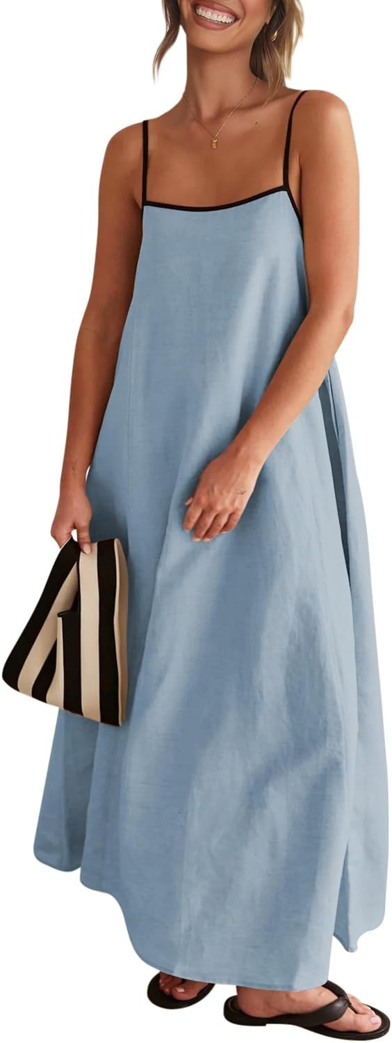 Senllen Women's Linen Maxi Dress 2026 Summer Fall Sundress with Pockets | Adjustable Spaghetti Straps Sleeveless Backless Tie Back Contrast Trim Casual Beach Vacation Wedding Guest Boho Dresses