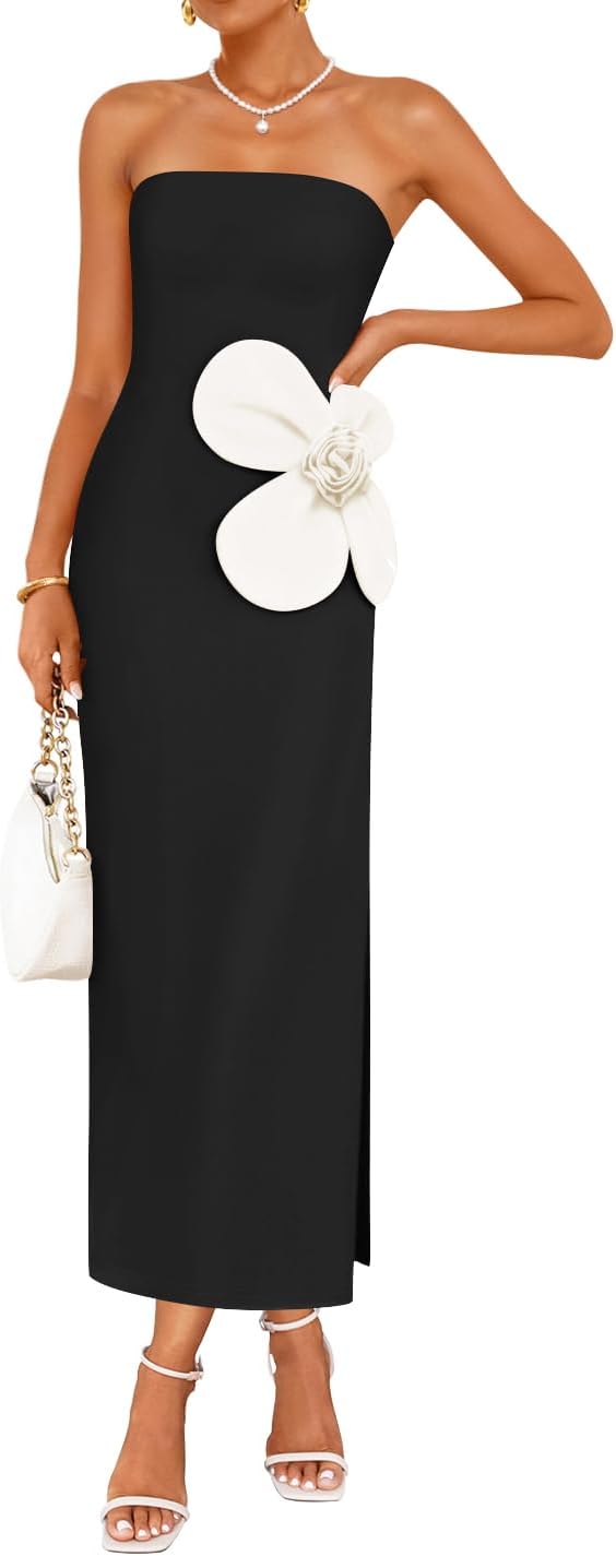 ZESICA Womens Summer Cocktail Strapless Bodycon Maxi Dress | Backless, Floral Tube Dress, Formal Long Dress, Wedding Guest Dress, Party Dress for Women