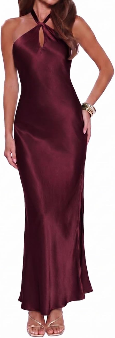 Gmeitoey Satin Halter Maxi Dress for Women Formal Bridesmaid Wedding Guest | Silk,Backless,Sleeveless,Slit,Elegant,Cocktail,Evening,DateNight,Vacation,Beach Wedding,Garden Wedding,Prom,Anniversary