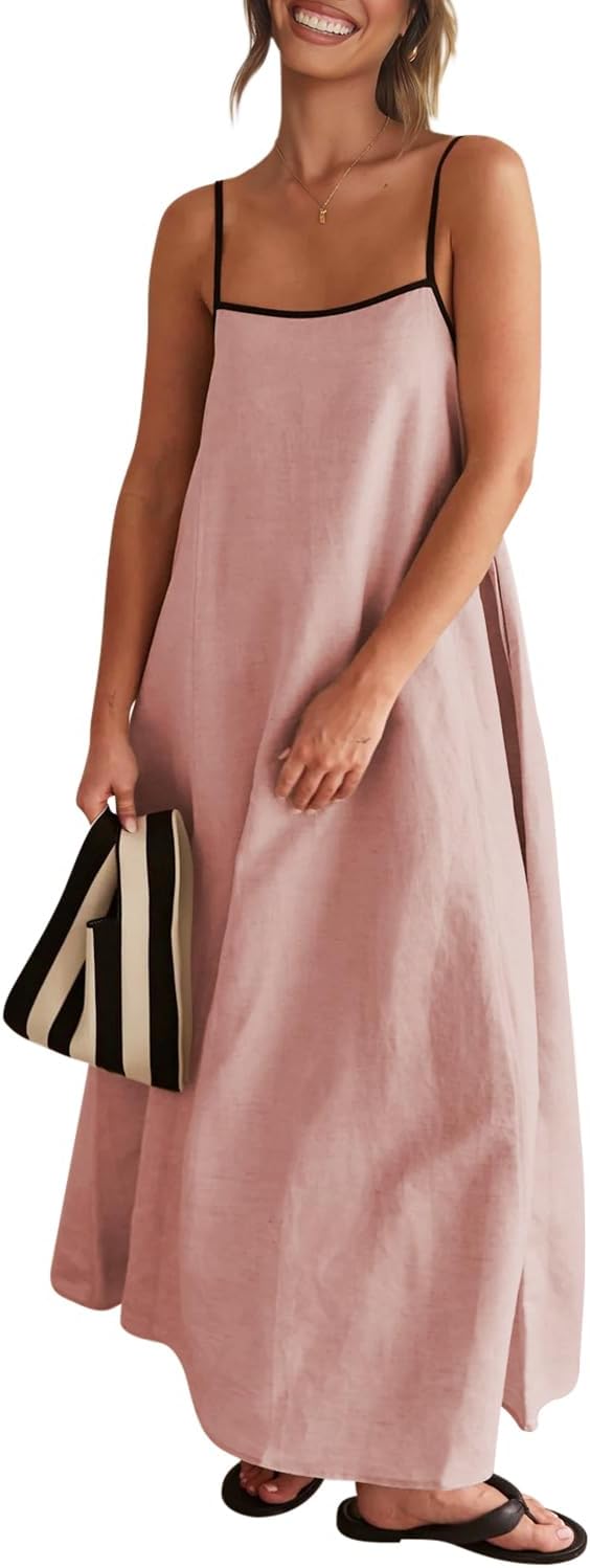 Senllen Women's Linen Maxi Dress 2026 Summer Fall Sundress with Pockets | Adjustable Spaghetti Straps Sleeveless Backless Tie Back Contrast Trim Casual Beach Vacation Wedding Guest Boho Dresses