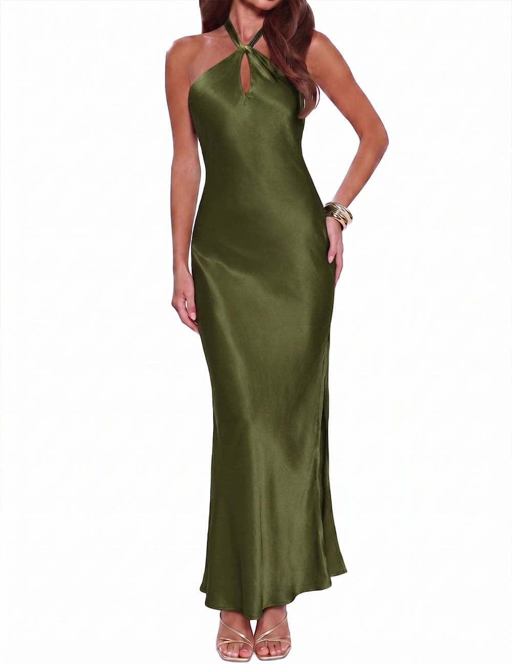 Gmeitoey Satin Halter Maxi Dress for Women Formal Bridesmaid Wedding Guest | Silk,Backless,Sleeveless,Slit,Elegant,Cocktail,Evening,DateNight,Vacation,Beach Wedding,Garden Wedding,Prom,Anniversary