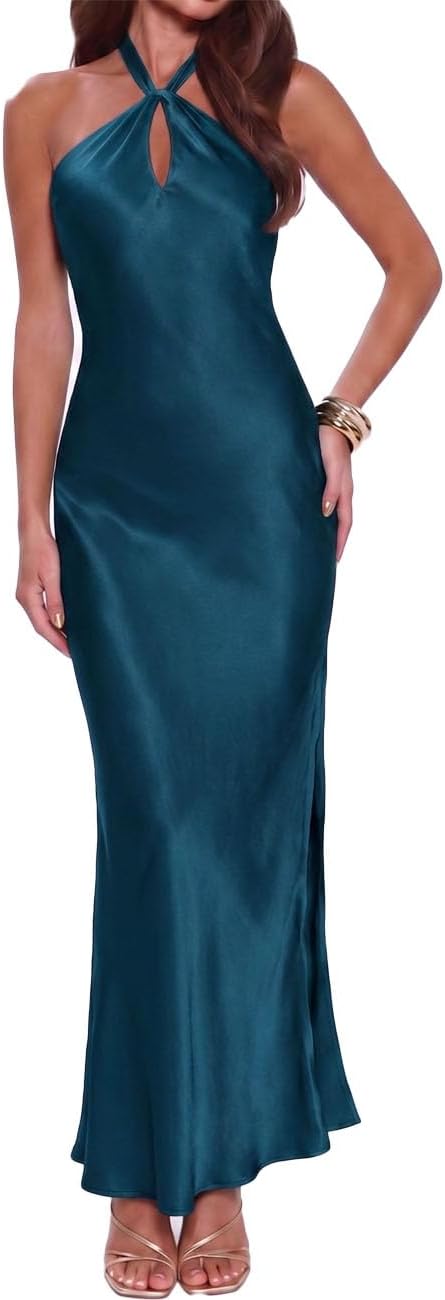 Gmeitoey Satin Halter Maxi Dress for Women Formal Bridesmaid Wedding Guest | Silk,Backless,Sleeveless,Slit,Elegant,Cocktail,Evening,DateNight,Vacation,Beach Wedding,Garden Wedding,Prom,Anniversary