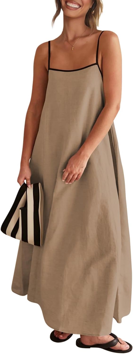 Senllen Women's Linen Maxi Dress 2026 Summer Fall Sundress with Pockets | Adjustable Spaghetti Straps Sleeveless Backless Tie Back Contrast Trim Casual Beach Vacation Wedding Guest Boho Dresses