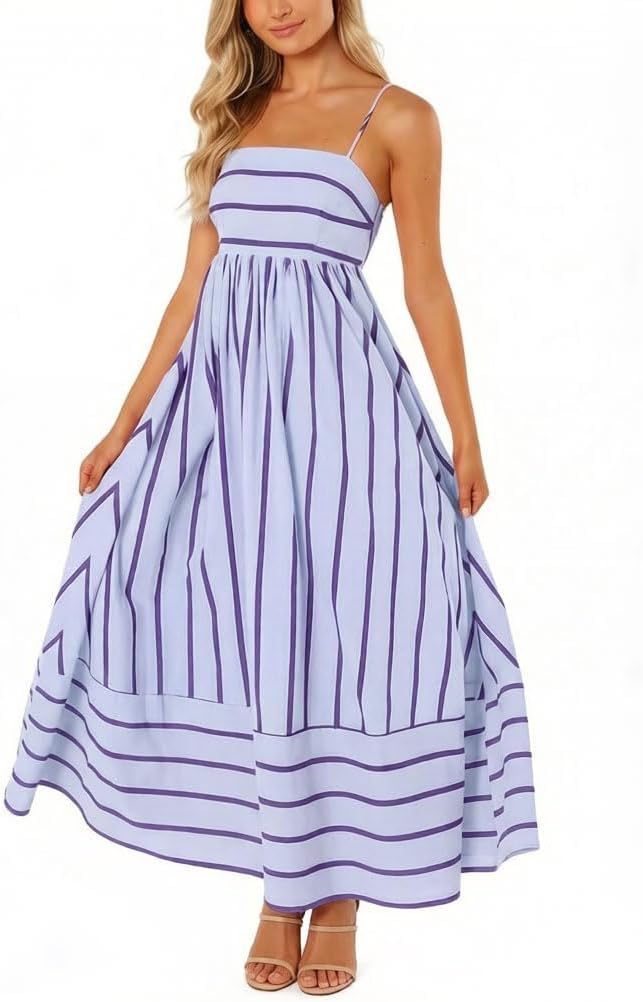 chouyatou Women's Striped Back Smocked Maxi Dress Sexy Spaghetti Strap Cut Out Flowy Swing Long Dress