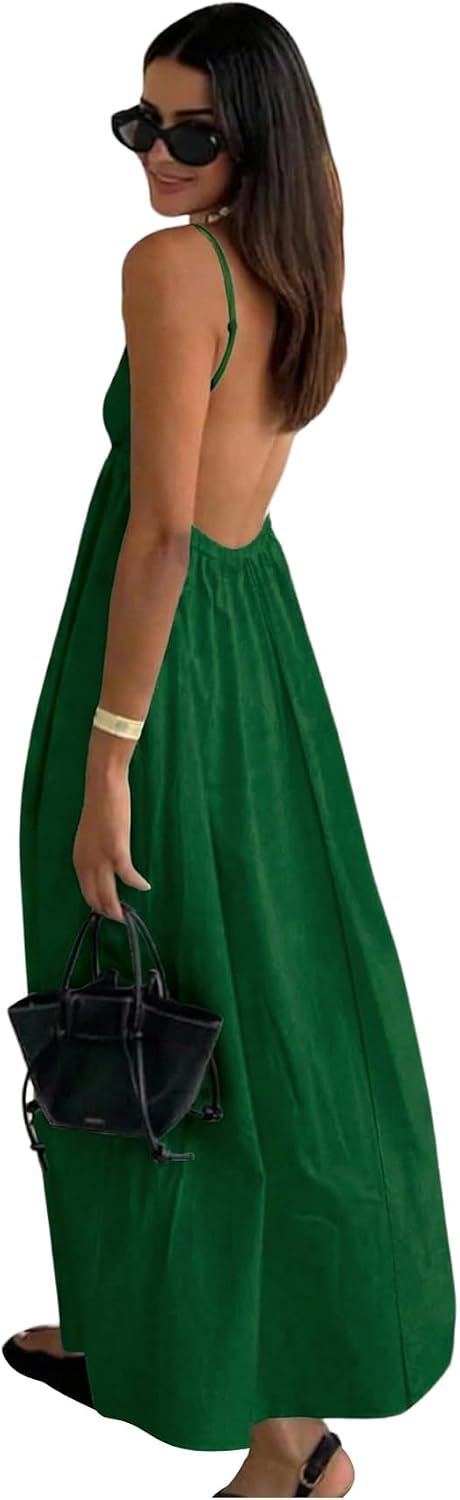 SOLY HUX Women's Summer Backless V Neck Loose Flowy Midi Cami Dress | Spaghetti Strap, Casual, Vacation Outfits, Sundress, Open Back, Long Dress， Trendy