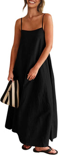 Senllen Women's Linen Maxi Dress 2026 Summer Fall Sundress with Pockets | Adjustable Spaghetti Straps Sleeveless Backless Tie Back Contrast Trim Casual Beach Vacation Wedding Guest Boho Dresses