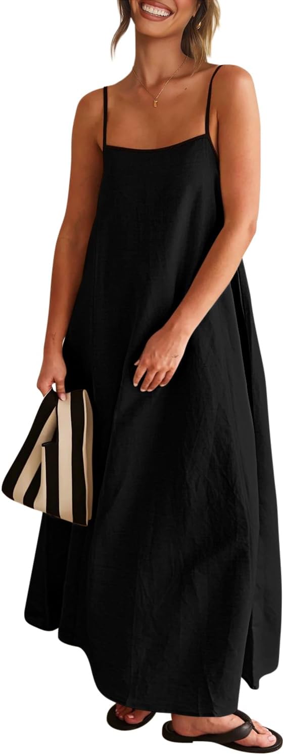 Senllen Women's Linen Maxi Dress 2026 Summer Fall Sundress with Pockets | Adjustable Spaghetti Straps Sleeveless Backless Tie Back Contrast Trim Casual Beach Vacation Wedding Guest Boho Dresses