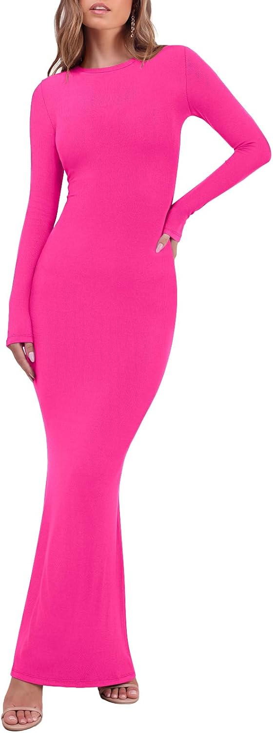 REORIA Women's Long Sleeve Ribbed Bodycon Maxi Dresses | Long Dress,Sexy Crew Neck Lounge, Formal,Cocktail,Wedding Guest,Maternity,2026 Fall Winter outfits,Elegant,Casual