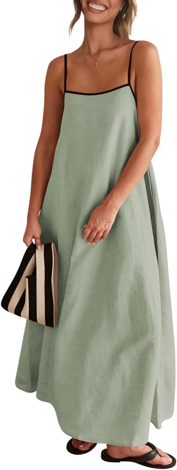 Senllen Women's Linen Maxi Dress 2026 Summer Fall Sundress with Pockets | Adjustable Spaghetti Straps Sleeveless Backless Tie Back Contrast Trim Casual Beach Vacation Wedding Guest Boho Dresses