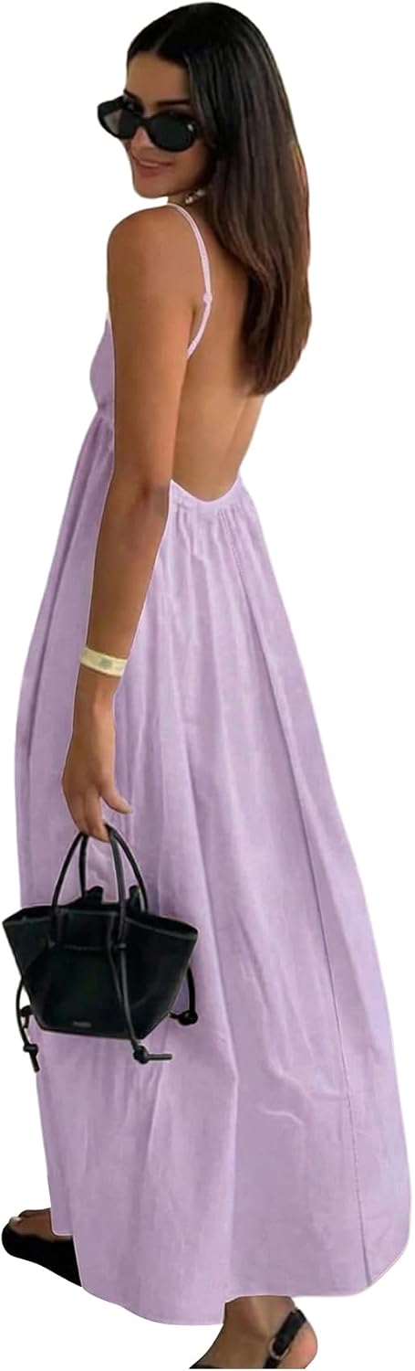 SOLY HUX Women's Summer Backless V Neck Loose Flowy Midi Cami Dress | Spaghetti Strap, Casual, Vacation Outfits, Sundress, Open Back, Long Dress， Trendy