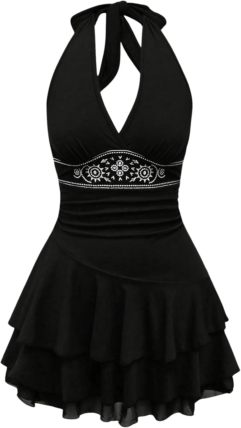 SOLY HUX Women's Summer Dresses Western Cowgirl Halter Casual Mini Dress | Backless, Sleeveless, A Line, Deep V Neck, Flowy, Country Concert Outfits, Sundress