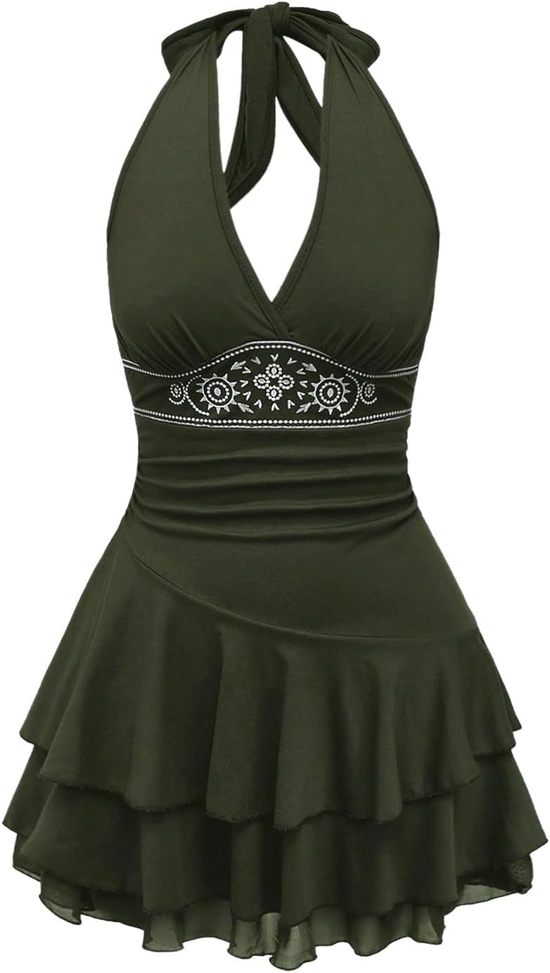 SOLY HUX Women's Summer Dresses Western Cowgirl Halter Casual Mini Dress | Backless, Sleeveless, A Line, Deep V Neck, Flowy, Country Concert Outfits, Sundress