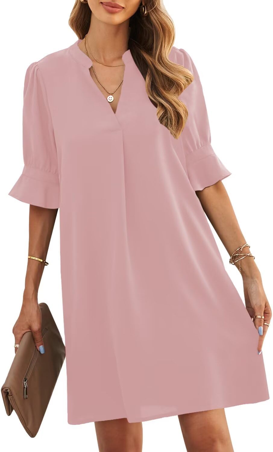 JOCAFIYE Womens Dresses Summer 2026 V-Neck Short Sleeve Dress Shift Dress | Ruffle Short Sleeve, V Neck,Shift Dresses, Floral Print,Mini Short Casual Dress for Graduation Party Date Night Teacher