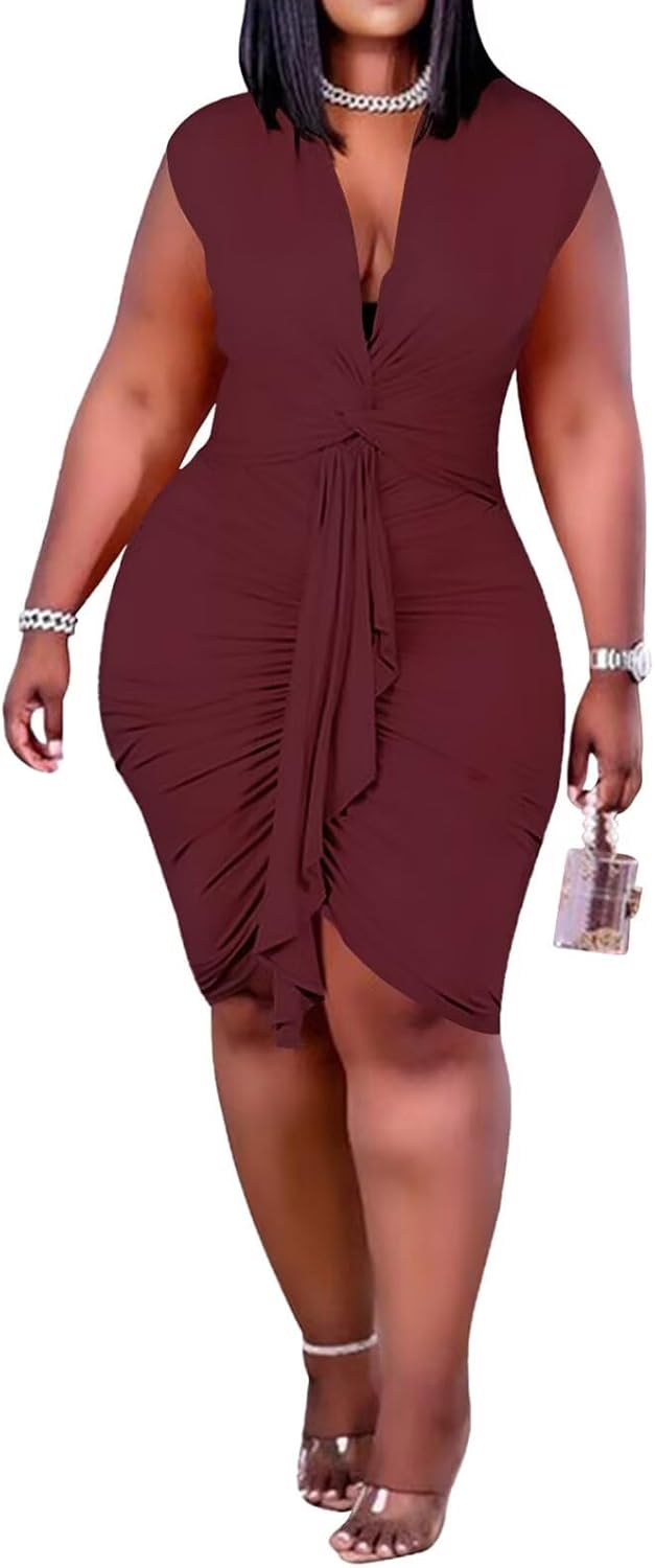 IyMoo Women's Sexy Plus Size Bodycon Drawstring Ruched Mini Club Dress | Sleeveless, Short Dress, Clubwear, Party,Night Out, Evening,Date, Brunch, Vacation, Holiday, Wedding,Homecoming,Tummy Control