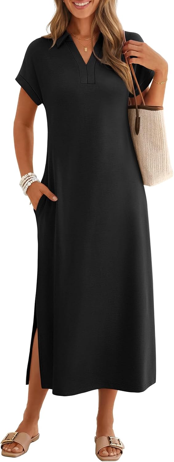 MEROKEETY Women's Summer Casual V Neck Collared T Shirt Long Maxi Dress | Short Cap Sleeve, Loose Fit, Beach Vacation, Work Office Polo Dresses, Wrinkle-Free Sundress Travel Resort Outfits 2026
