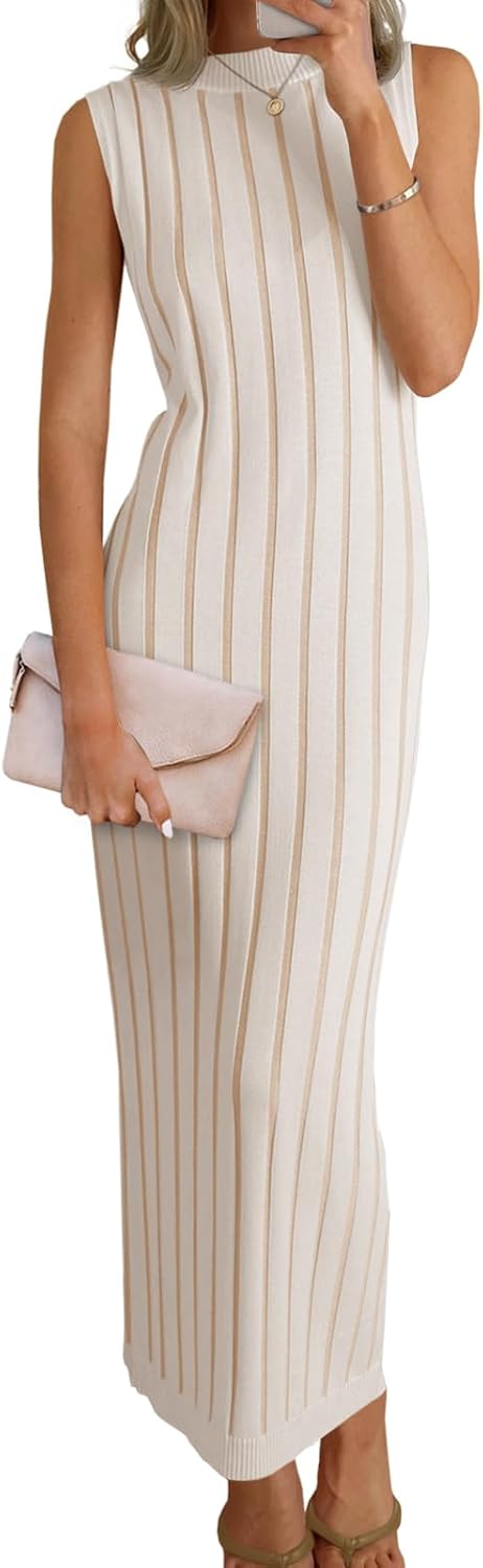 Wenrine Womens Sleeveless Sweater Dress Mock Neck Knit Tank Maxi Dresses | Ribbed Knit, Stretchy, Bodycon, Textured, Vertical Striped, Summer & Fall, Long Midi Dress