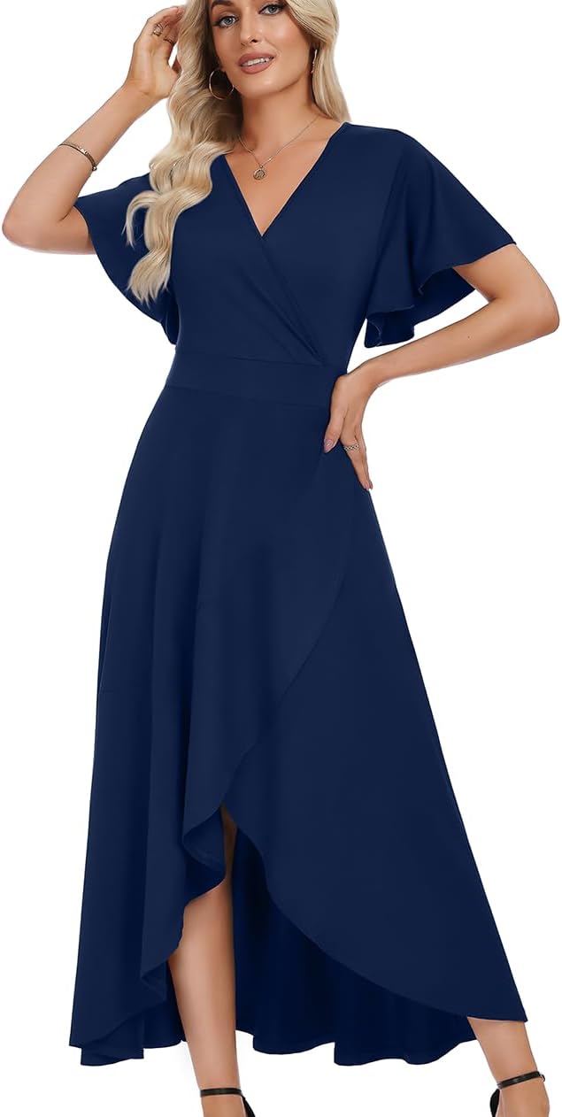 WEACZZY Women V Neck Ruffle Sleeve Maxi Dresses Split Elegant Slim Wrap Waist Wedding Guest Dress Elegant Casual Dresses 2026