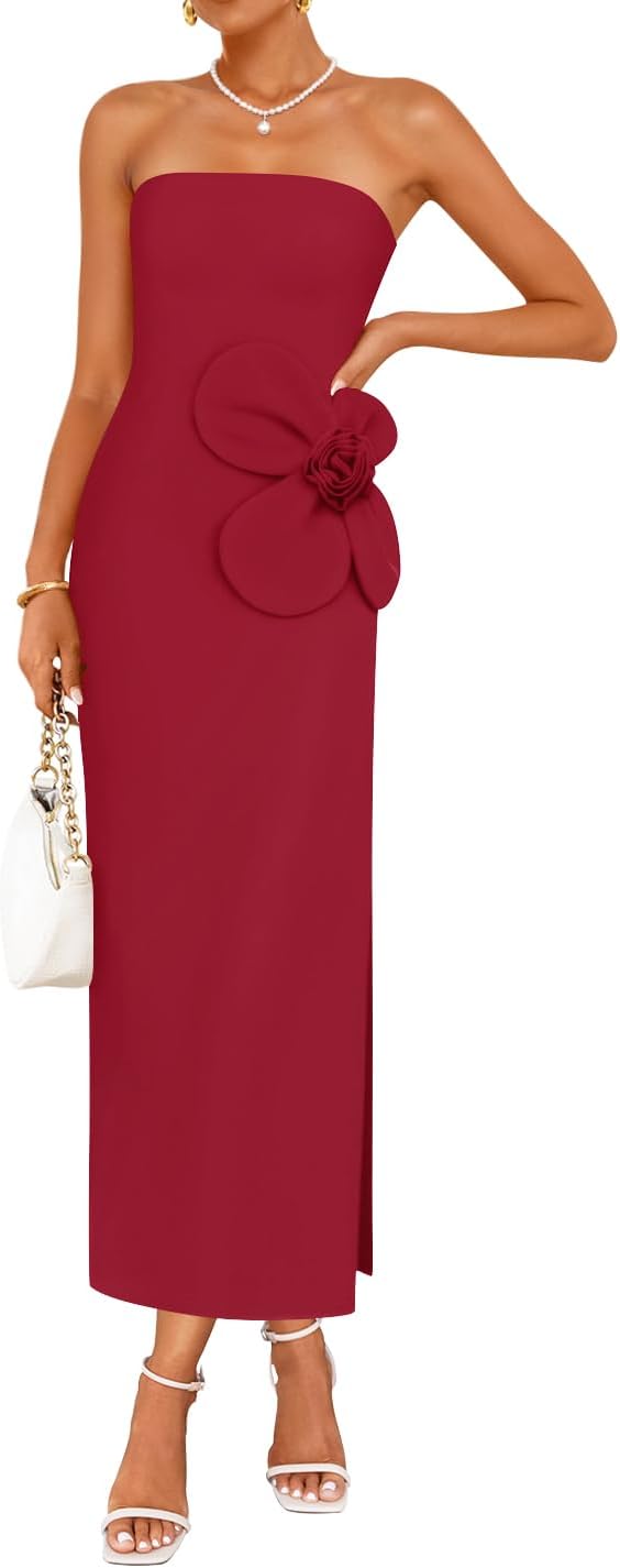 ZESICA Womens Summer Cocktail Strapless Bodycon Maxi Dress | Backless, Floral Tube Dress, Formal Long Dress, Wedding Guest Dress, Party Dress for Women