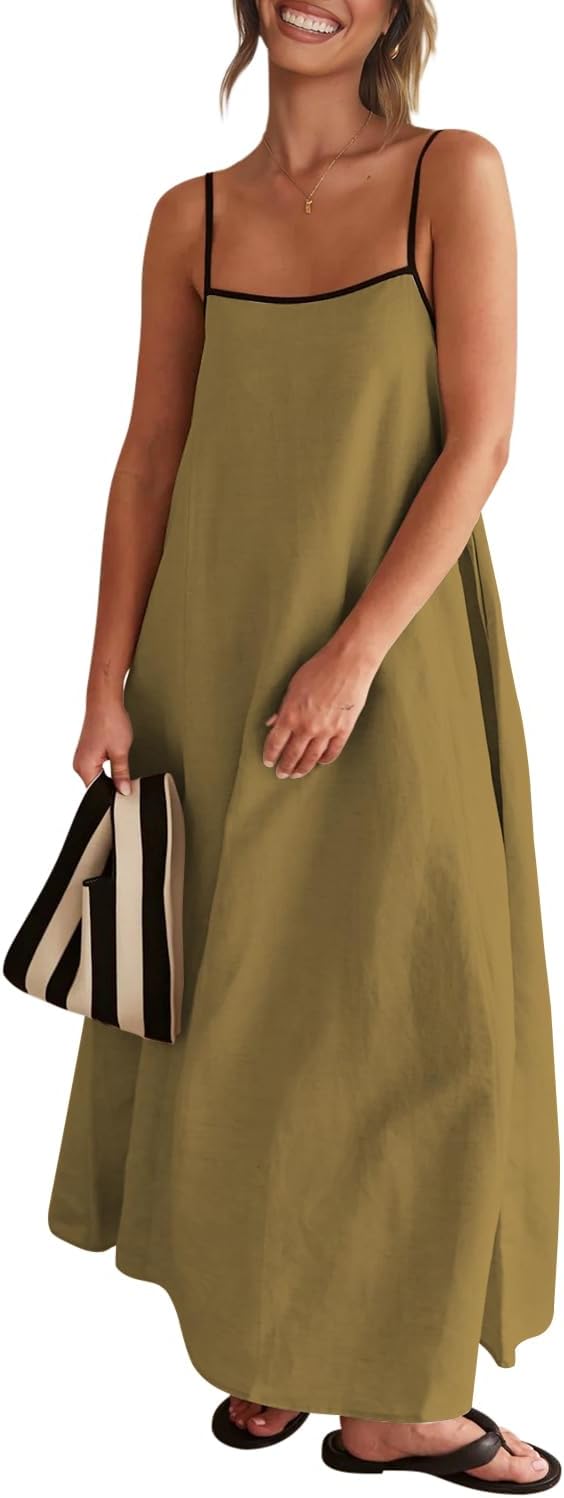 Senllen Women's Linen Maxi Dress 2026 Summer Fall Sundress with Pockets | Adjustable Spaghetti Straps Sleeveless Backless Tie Back Contrast Trim Casual Beach Vacation Wedding Guest Boho Dresses