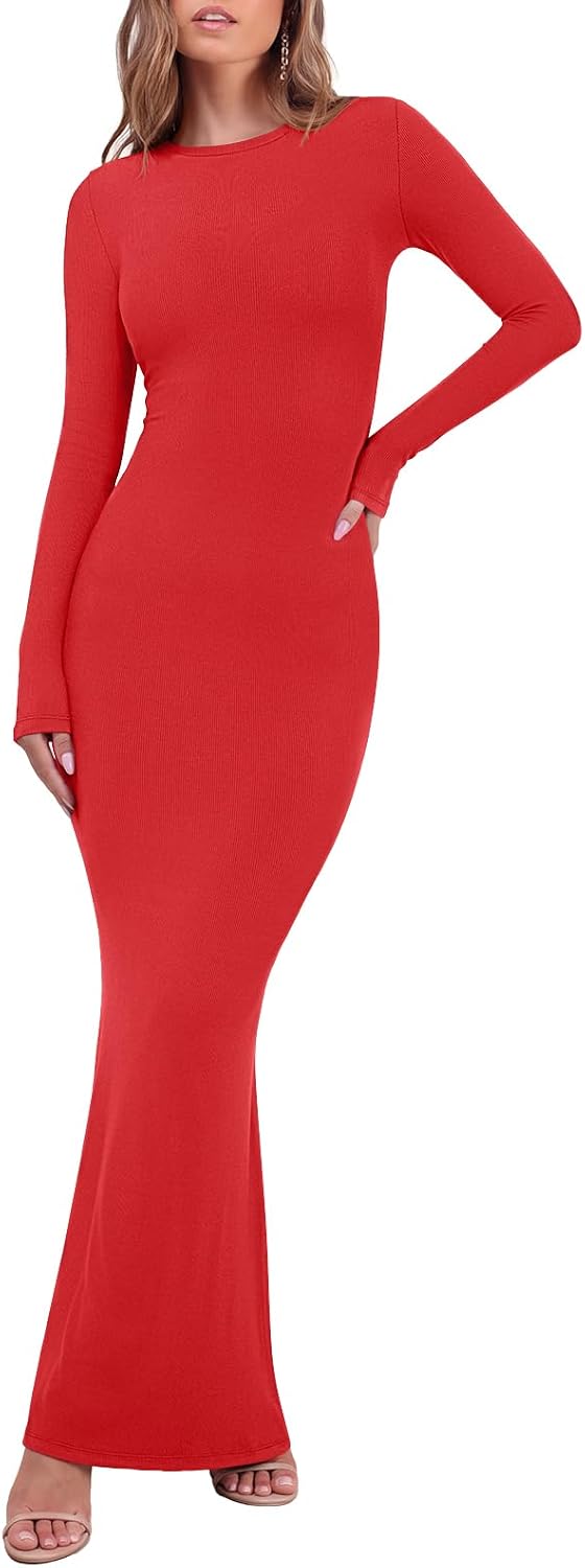 REORIA Women's Long Sleeve Ribbed Bodycon Maxi Dresses | Long Dress,Sexy Crew Neck Lounge, Formal,Cocktail,Wedding Guest,Maternity,2026 Fall Winter outfits,Elegant,Casual