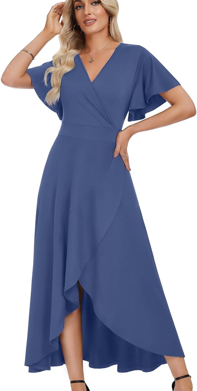 WEACZZY Women V Neck Ruffle Sleeve Maxi Dresses Split Elegant Slim Wrap Waist Wedding Guest Dress Elegant Casual Dresses 2026