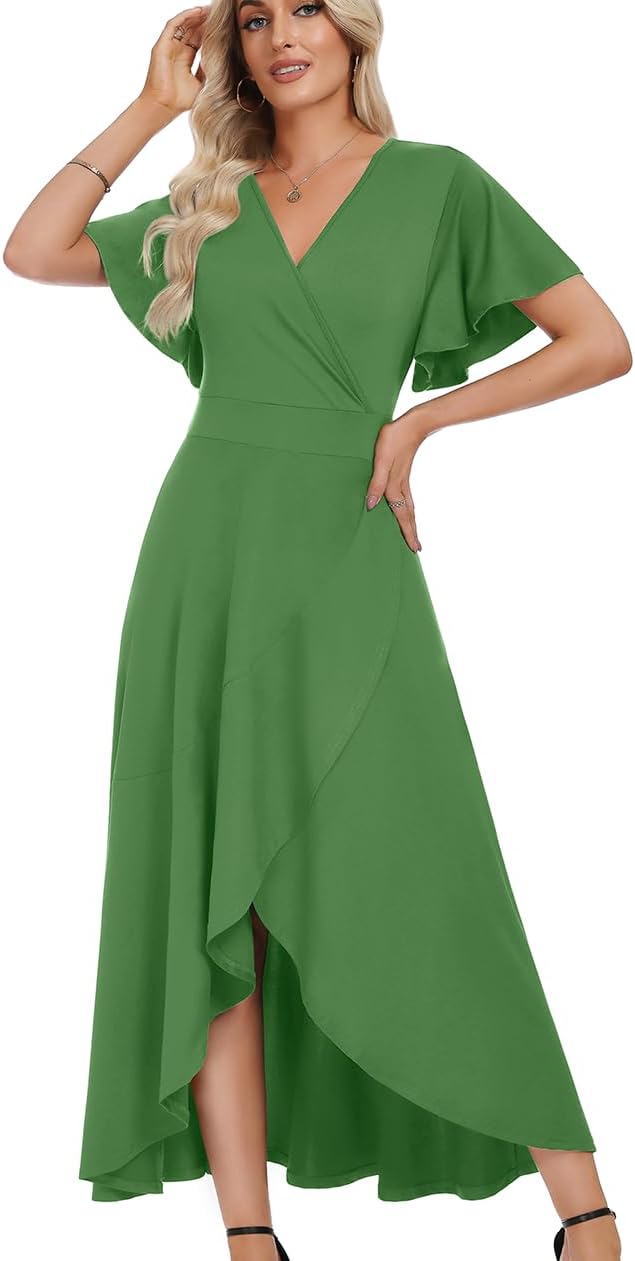 WEACZZY Women V Neck Ruffle Sleeve Maxi Dresses Split Elegant Slim Wrap Waist Wedding Guest Dress Elegant Casual Dresses 2026
