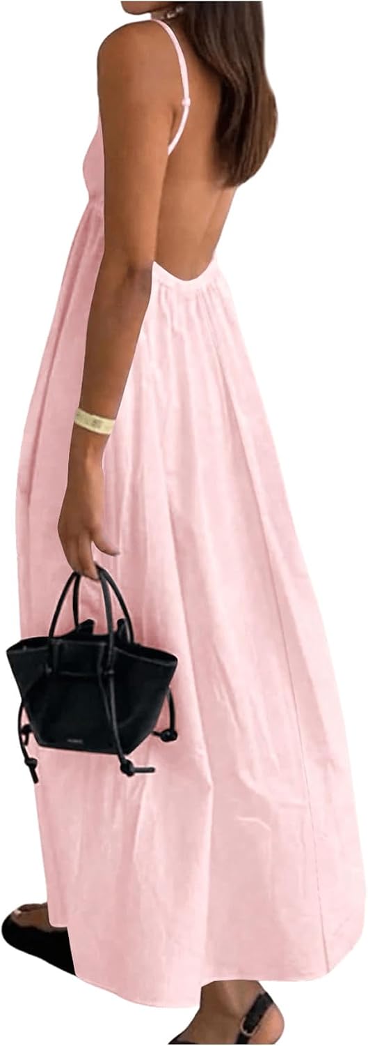 SOLY HUX Women's Summer Backless V Neck Loose Flowy Midi Cami Dress | Spaghetti Strap, Casual, Vacation Outfits, Sundress, Open Back, Long Dress， Trendy