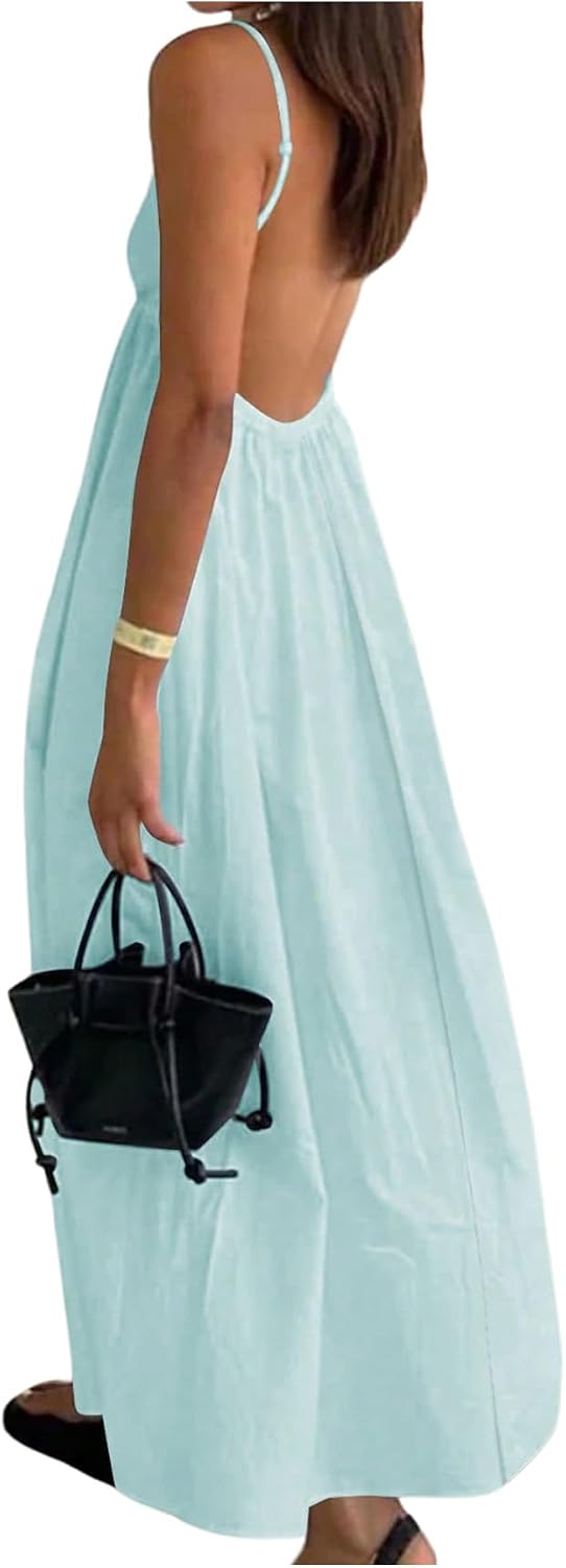SOLY HUX Women's Summer Backless V Neck Loose Flowy Midi Cami Dress | Spaghetti Strap, Casual, Vacation Outfits, Sundress, Open Back, Long Dress， Trendy