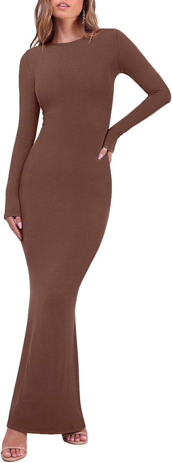 REORIA Women's Long Sleeve Ribbed Bodycon Maxi Dresses | Long Dress,Sexy Crew Neck Lounge, Formal,Cocktail,Wedding Guest,Maternity,2026 Fall Winter outfits,Elegant,Casual