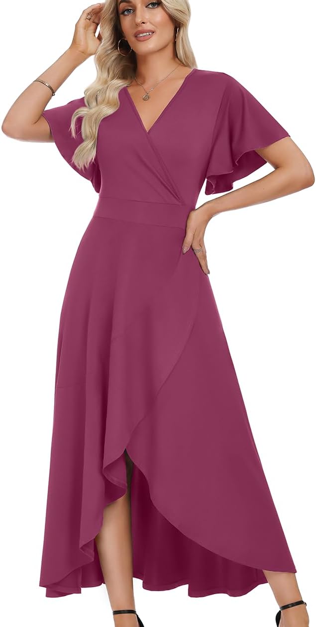 WEACZZY Women V Neck Ruffle Sleeve Maxi Dresses Split Elegant Slim Wrap Waist Wedding Guest Dress Elegant Casual Dresses 2026