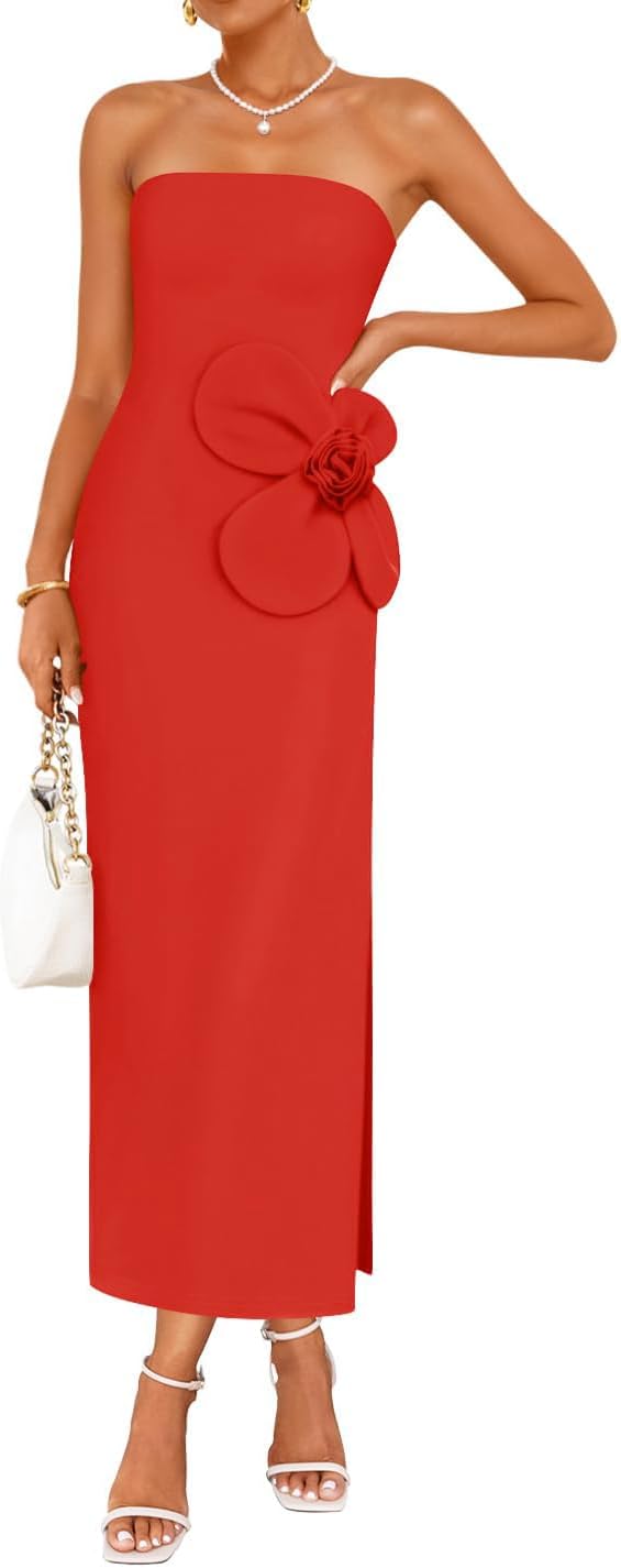 ZESICA Womens Summer Cocktail Strapless Bodycon Maxi Dress | Backless, Floral Tube Dress, Formal Long Dress, Wedding Guest Dress, Party Dress for Women