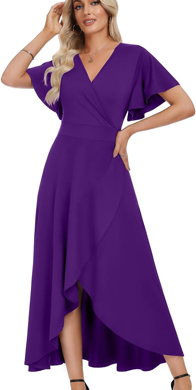 WEACZZY Women V Neck Ruffle Sleeve Maxi Dresses Split Elegant Slim Wrap Waist Wedding Guest Dress Elegant Casual Dresses 2026