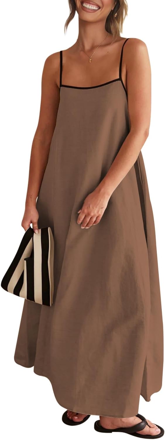 Senllen Women's Linen Maxi Dress 2026 Summer Fall Sundress with Pockets | Adjustable Spaghetti Straps Sleeveless Backless Tie Back Contrast Trim Casual Beach Vacation Wedding Guest Boho Dresses