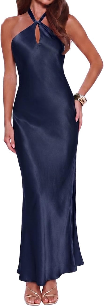 Gmeitoey Satin Halter Maxi Dress for Women Formal Bridesmaid Wedding Guest | Silk,Backless,Sleeveless,Slit,Elegant,Cocktail,Evening,DateNight,Vacation,Beach Wedding,Garden Wedding,Prom,Anniversary