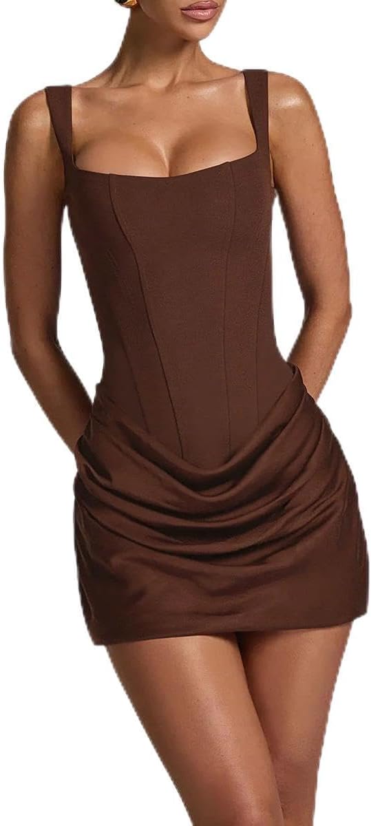 Loidumv Women\u2018s Corset Mini Dress Square Neck Ruched Lace Up Back Bodycon Homecoming Graduation Formal Cocktail Prom
