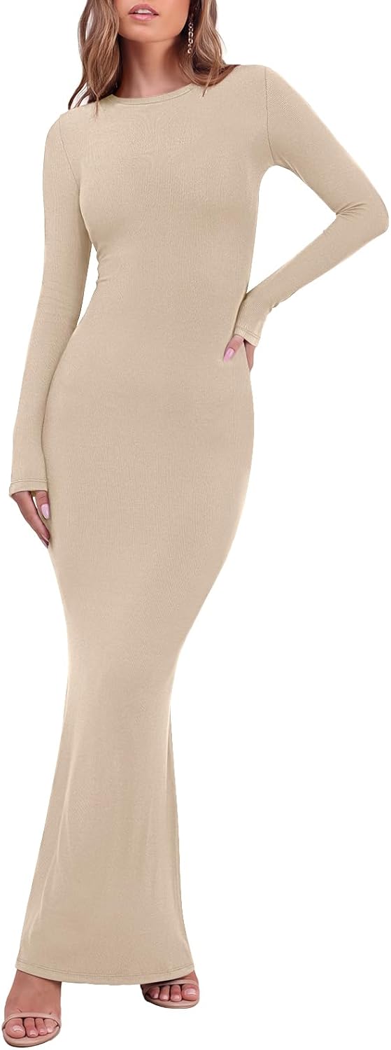 REORIA Women's Long Sleeve Ribbed Bodycon Maxi Dresses | Long Dress,Sexy Crew Neck Lounge, Formal,Cocktail,Wedding Guest,Maternity,2026 Fall Winter outfits,Elegant,Casual