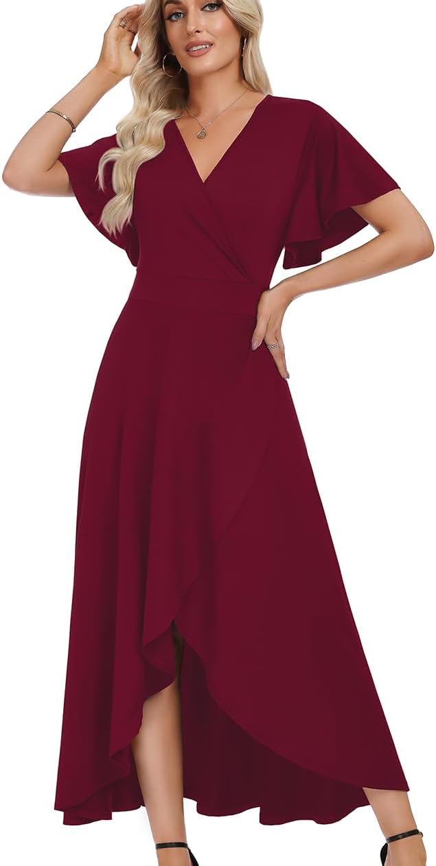 WEACZZY Women V Neck Ruffle Sleeve Maxi Dresses Split Elegant Slim Wrap Waist Wedding Guest Dress Elegant Casual Dresses 2026