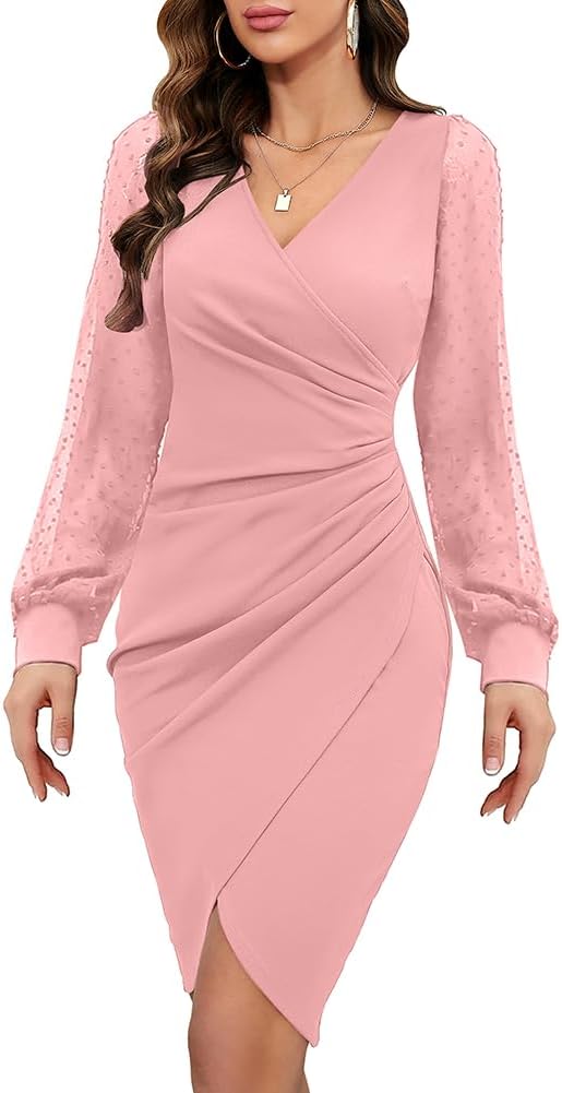 ihot Women's 2026 Sexy V Neck Mesh Long Sleeve Faux Wrap Ruched Sheath Bodycon Party Cocktail Work Dress