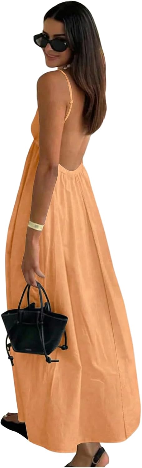 SOLY HUX Women's Summer Backless V Neck Loose Flowy Midi Cami Dress | Spaghetti Strap, Casual, Vacation Outfits, Sundress, Open Back, Long Dress， Trendy
