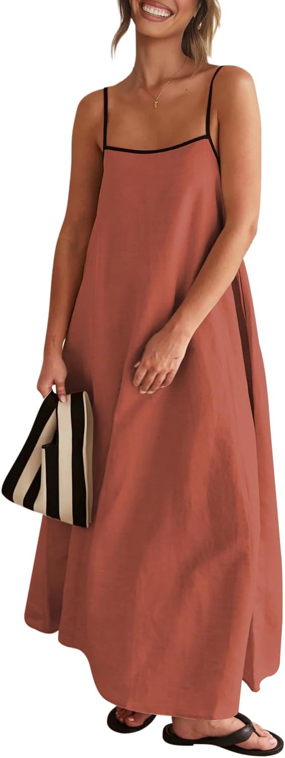 Senllen Women's Linen Maxi Dress 2026 Summer Fall Sundress with Pockets | Adjustable Spaghetti Straps Sleeveless Backless Tie Back Contrast Trim Casual Beach Vacation Wedding Guest Boho Dresses