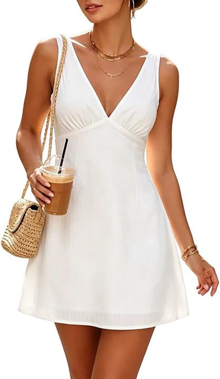 FOMELY Women's Cotton Casual Summer Mini Dress V Neck Sundress 2026 | Babydoll White Dress, Sleeveless Flowy Tank Dress,Ideal For Beach Vacation, Country Concert, Daily Wear