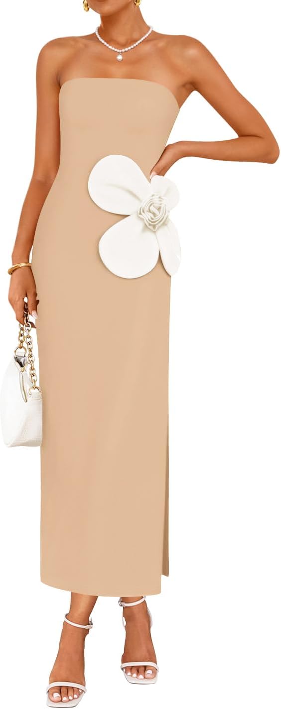 ZESICA Womens Summer Cocktail Strapless Bodycon Maxi Dress | Backless, Floral Tube Dress, Formal Long Dress, Wedding Guest Dress, Party Dress for Women