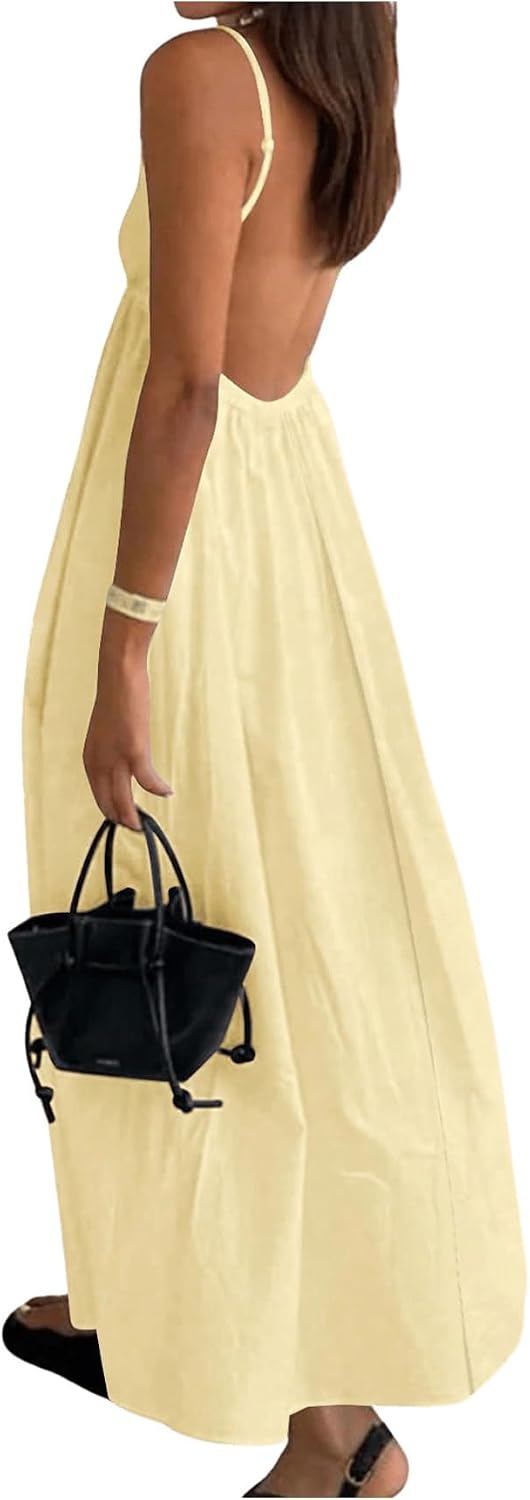 SOLY HUX Women's Summer Backless V Neck Loose Flowy Midi Cami Dress | Spaghetti Strap, Casual, Vacation Outfits, Sundress, Open Back, Long Dress， Trendy