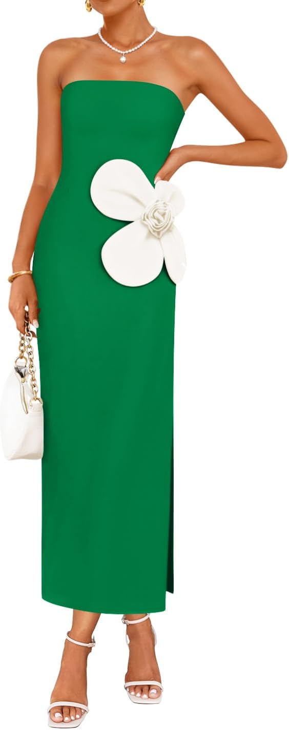 ZESICA Womens Summer Cocktail Strapless Bodycon Maxi Dress | Backless, Floral Tube Dress, Formal Long Dress, Wedding Guest Dress, Party Dress for Women