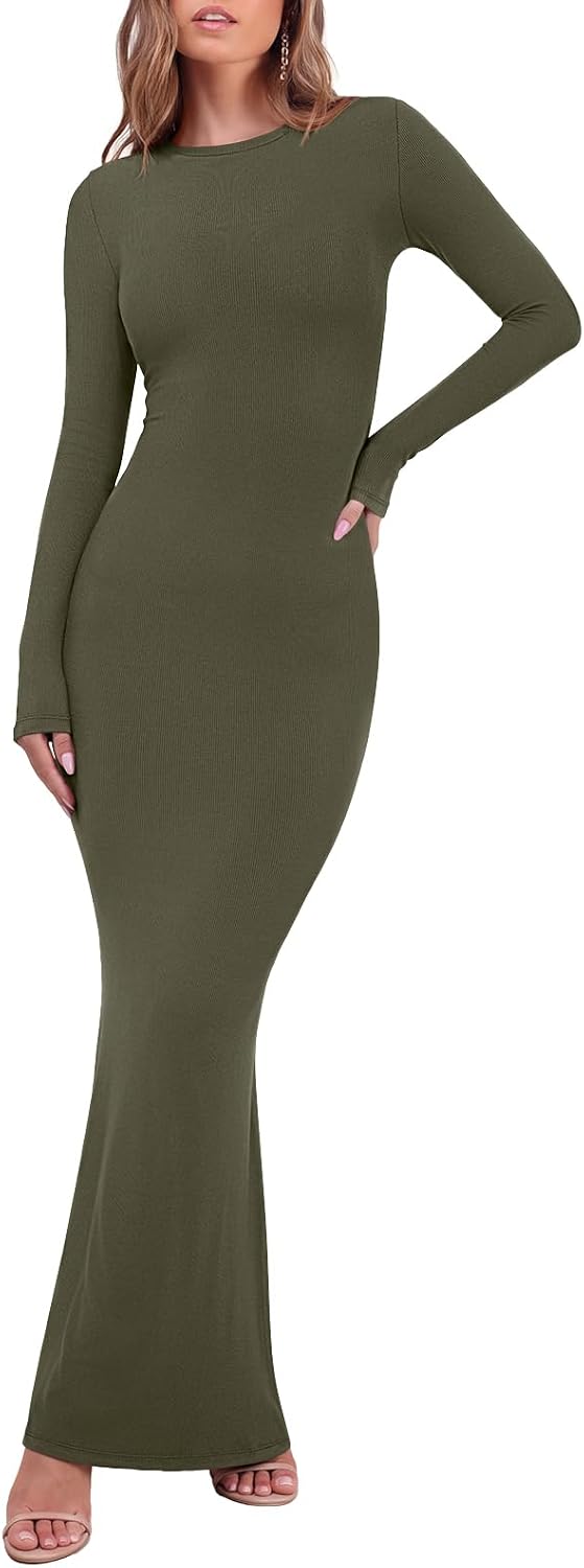 REORIA Women's Long Sleeve Ribbed Bodycon Maxi Dresses | Long Dress,Sexy Crew Neck Lounge, Formal,Cocktail,Wedding Guest,Maternity,2026 Fall Winter outfits,Elegant,Casual