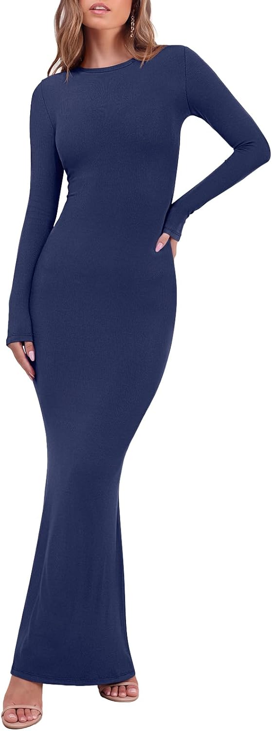 REORIA Women's Long Sleeve Ribbed Bodycon Maxi Dresses | Long Dress,Sexy Crew Neck Lounge, Formal,Cocktail,Wedding Guest,Maternity,2026 Fall Winter outfits,Elegant,Casual
