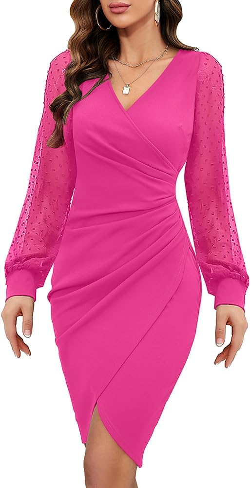 ihot Women's 2026 Sexy V Neck Mesh Long Sleeve Faux Wrap Ruched Sheath Bodycon Party Cocktail Work Dress